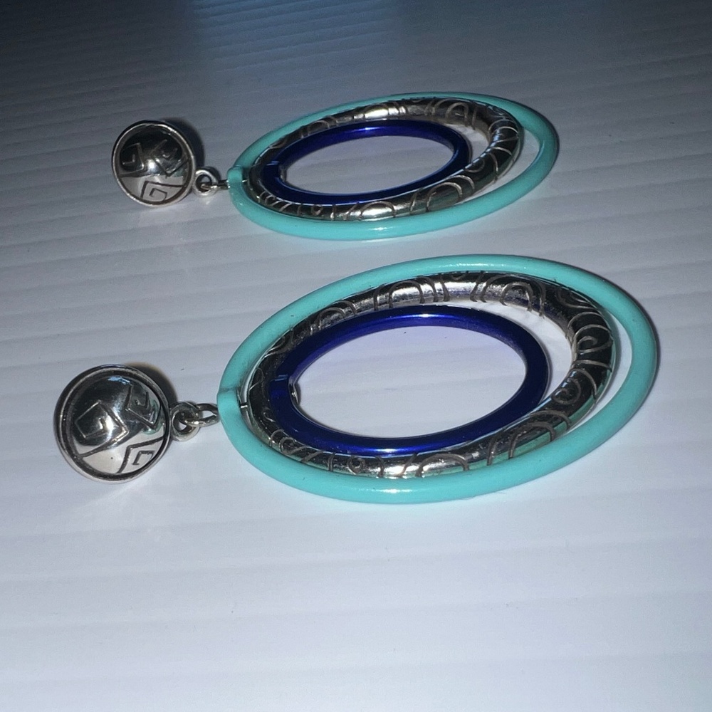 Brighton silver post earrings with turquoise, navy and silver ovals that move - Picture 3 of 3